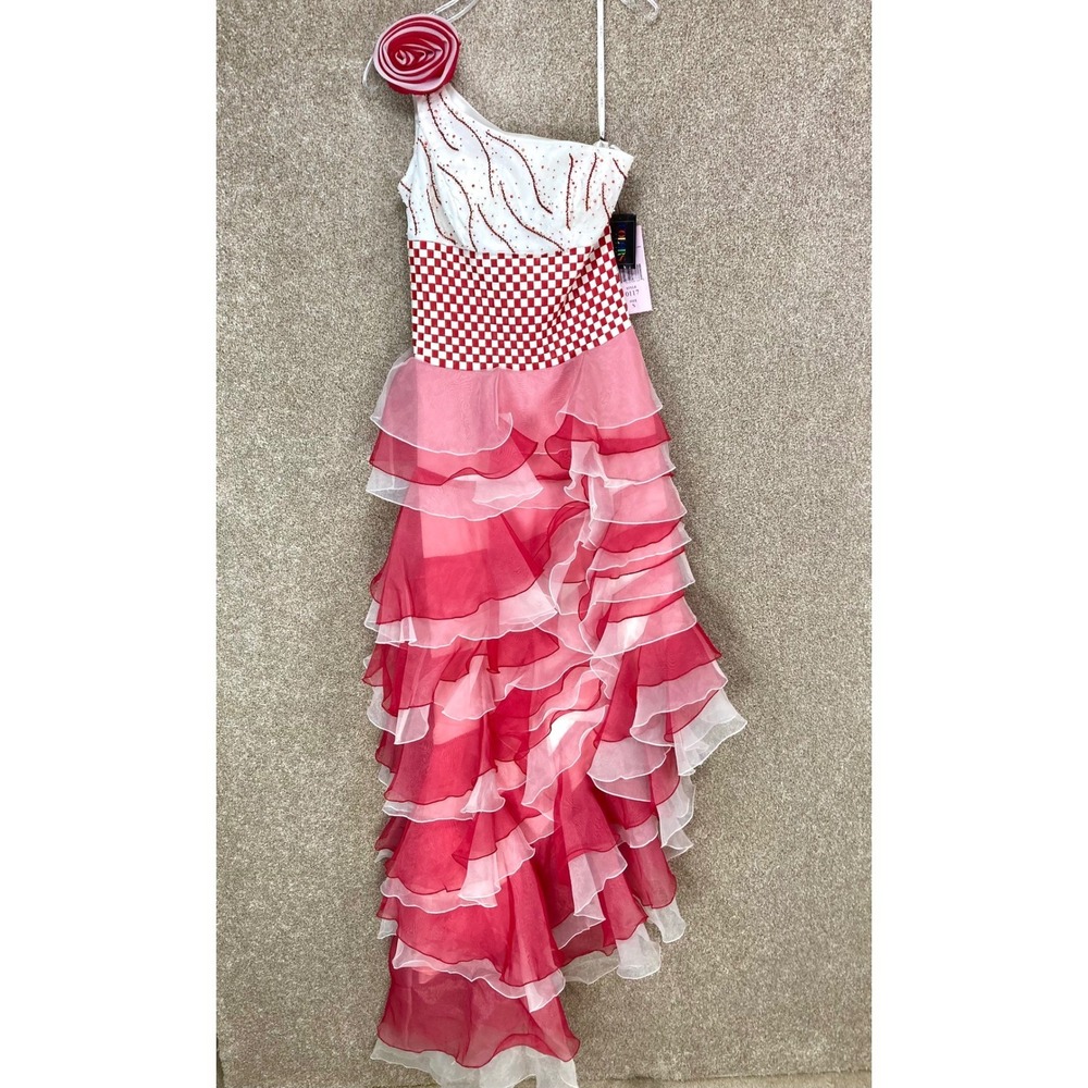 Colors Ruffle Tiered High-Low Maxi Dress Womens S Red White Formal Evening NWT